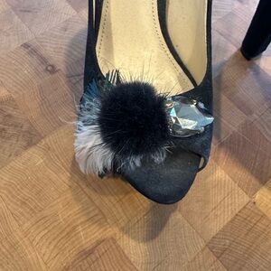 Enzo Angiolini Black Peep-Toe Heels with Fur and Gem
